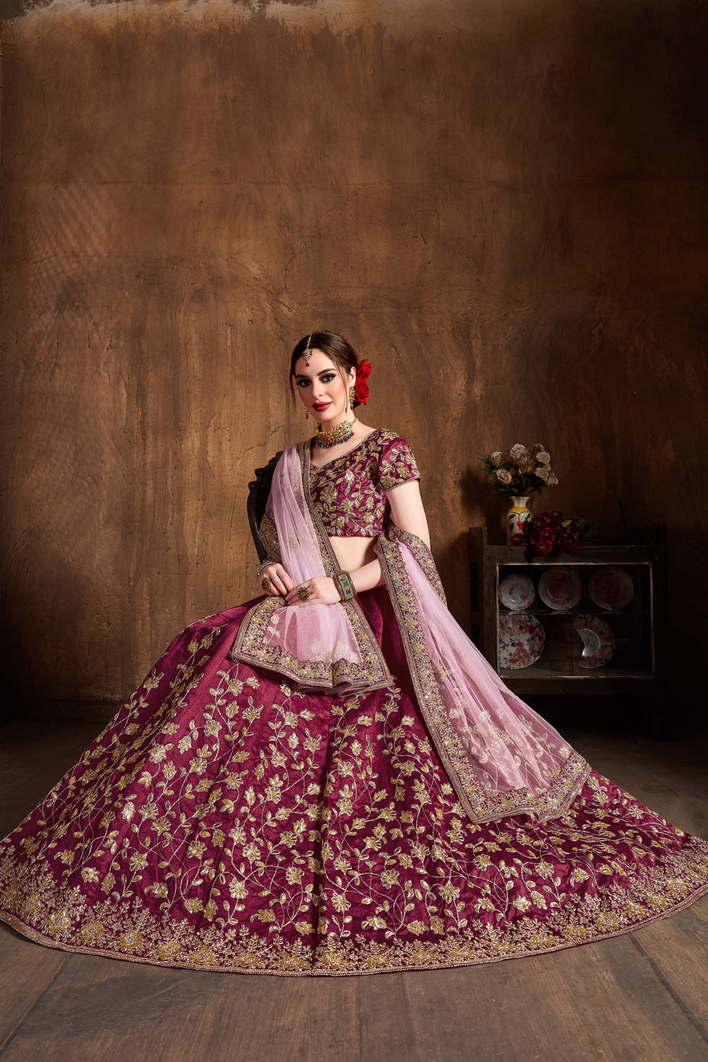 Delightful Maroon Zari Work Banglory Silk Bridal Lehenga Choli