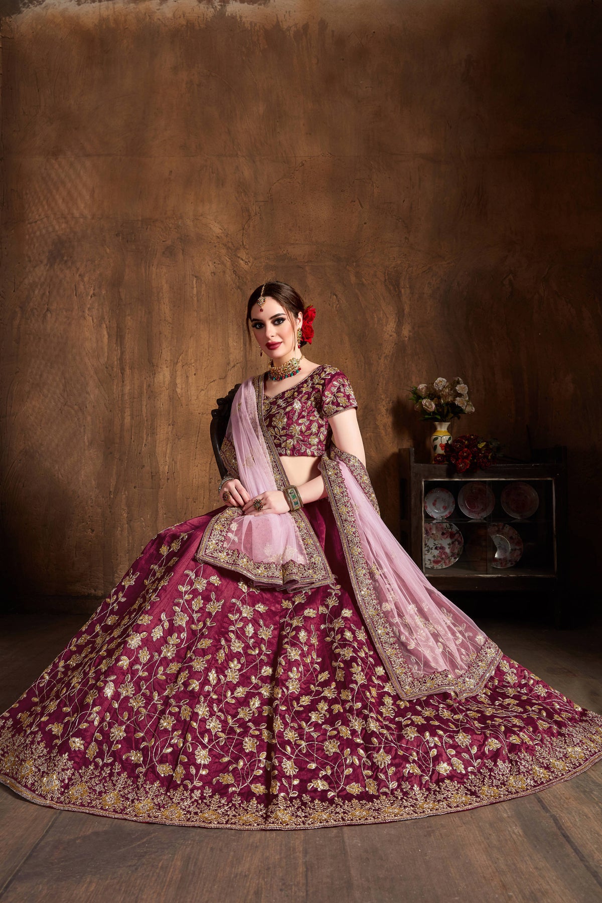 Delightful Maroon Zari Work Banglory Silk Bridal Lehenga Choli