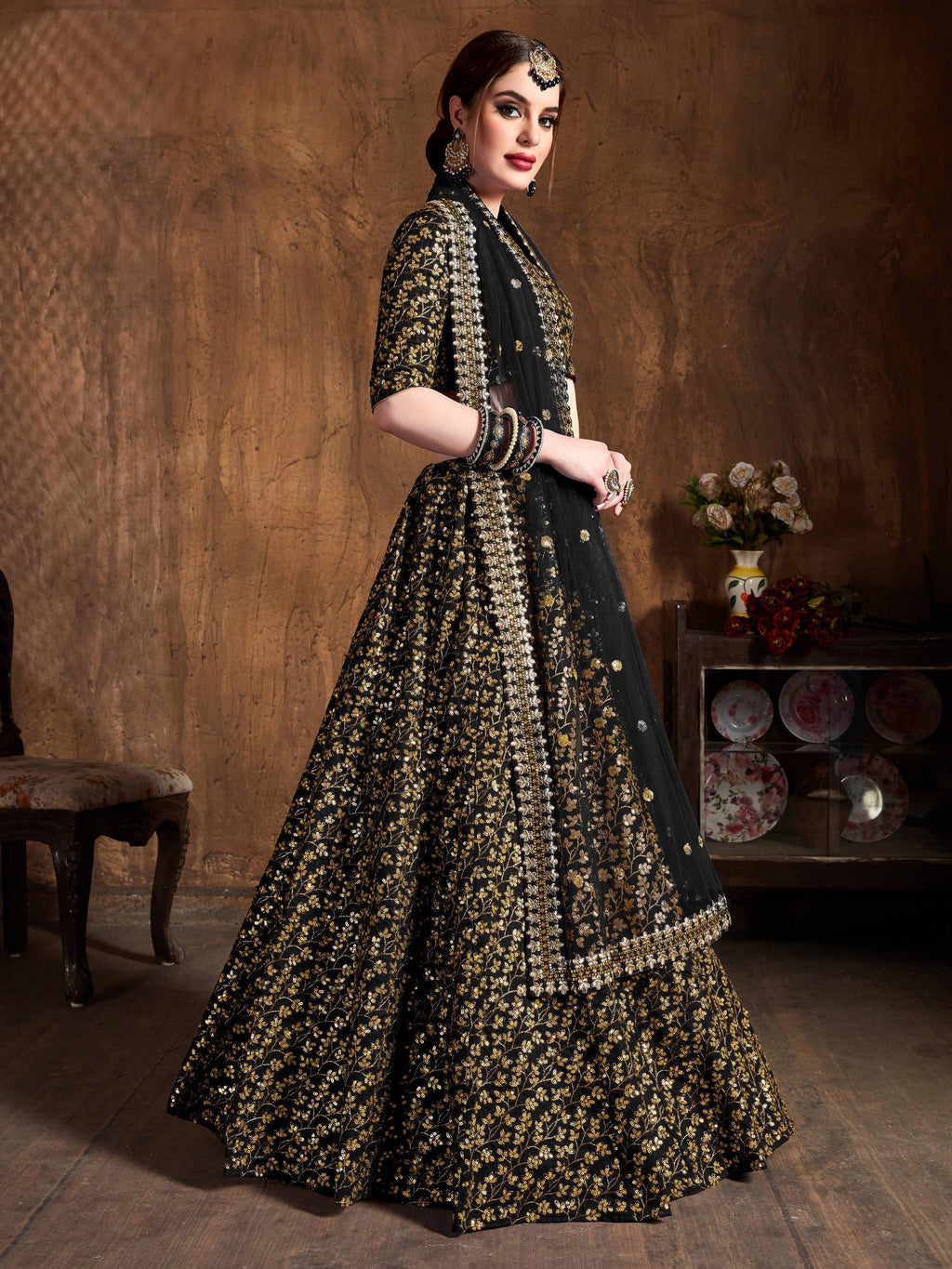 Desirable Black Sequins Raw Silk Bridal Lehenga Choli