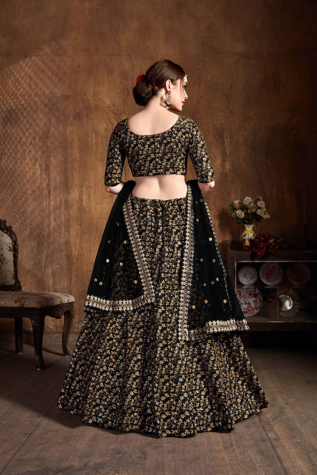 Desirable Black Sequins Raw Silk Bridal Lehenga Choli