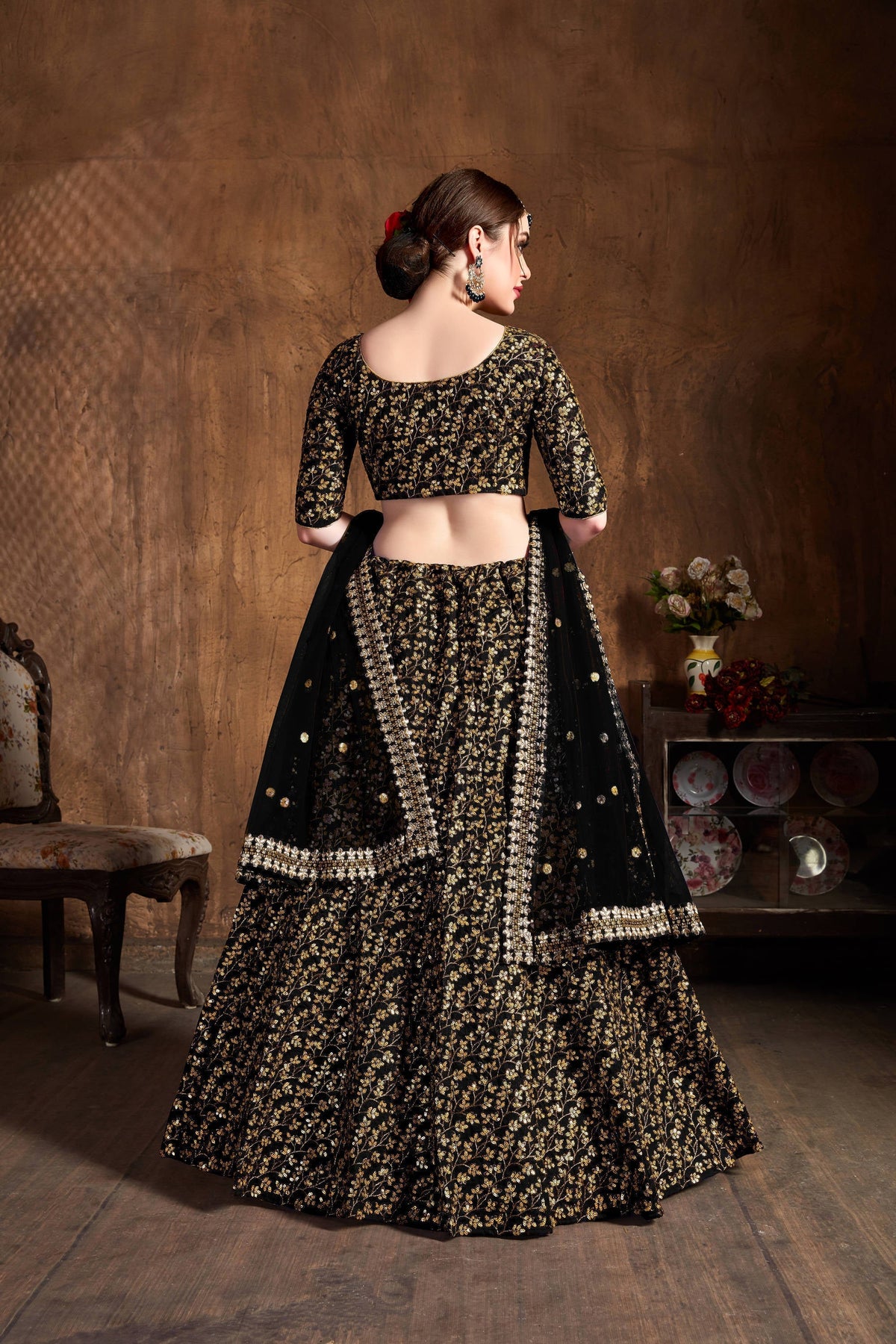 Desirable Black Sequins Raw Silk Bridal Lehenga Choli