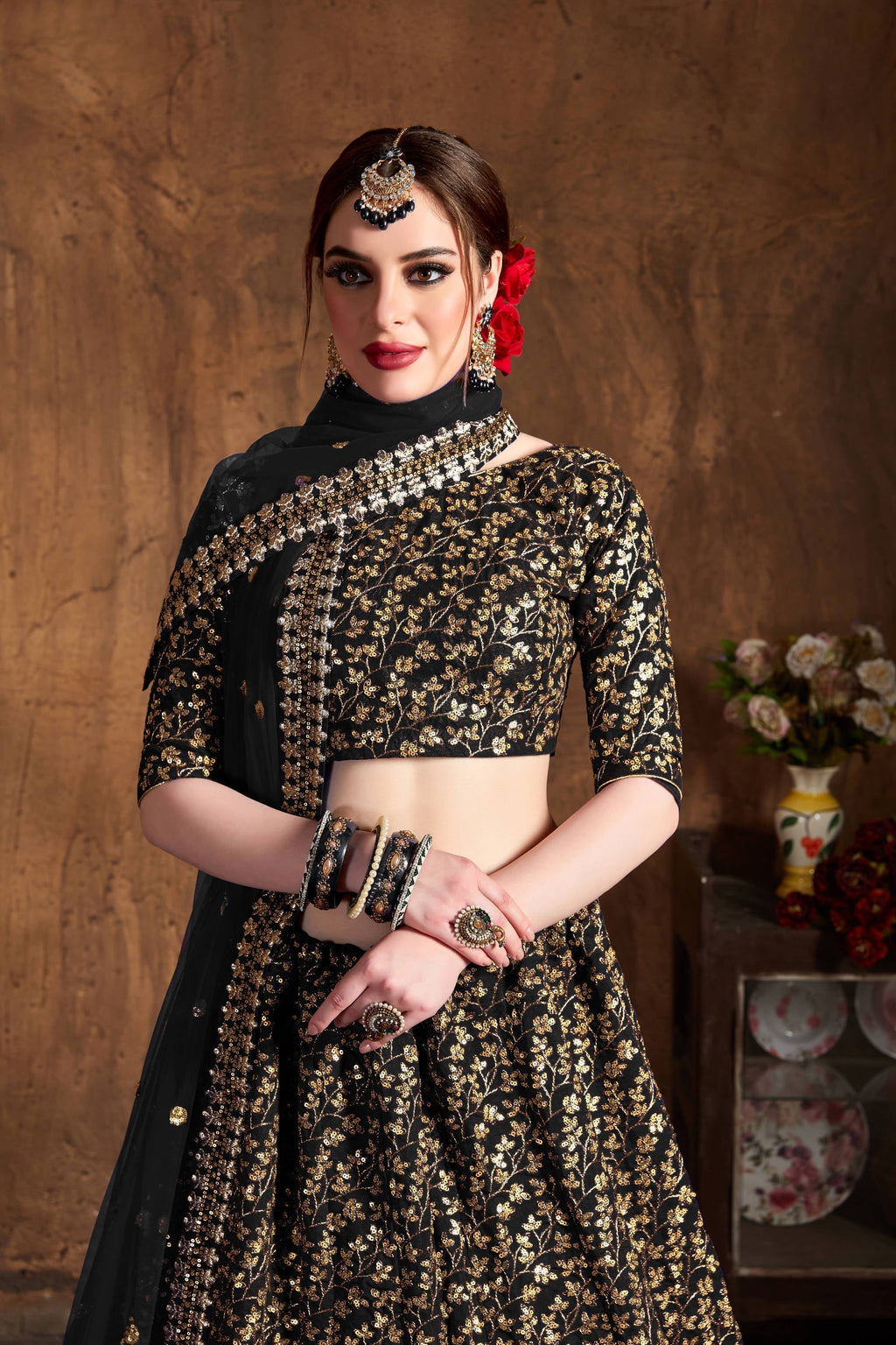 Desirable Black Sequins Raw Silk Bridal Lehenga Choli