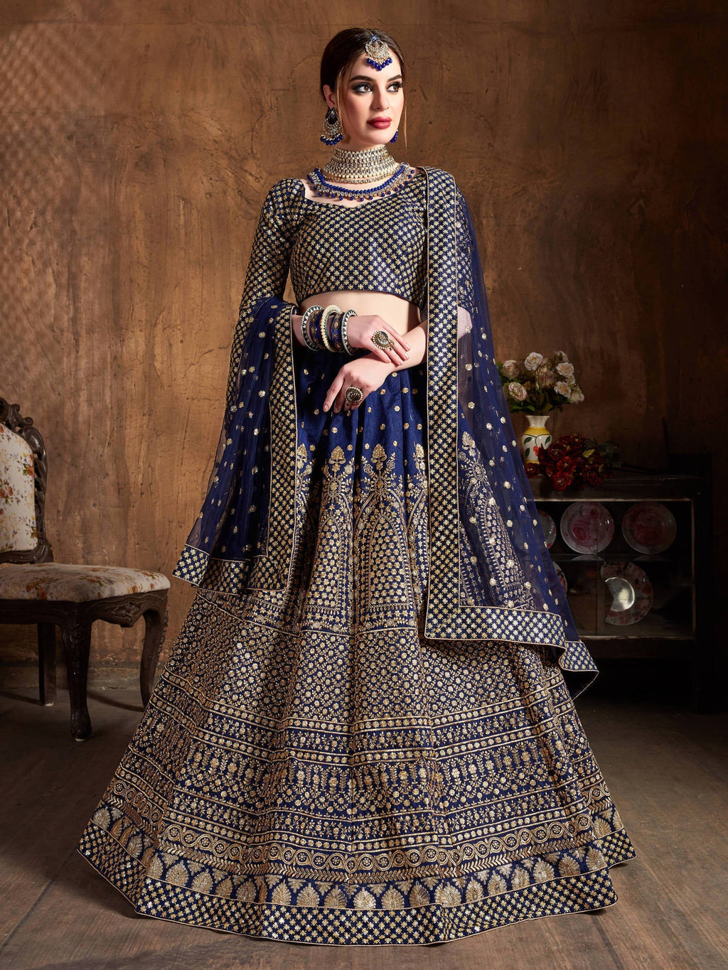 Demanding Navy Blue Sequins Raw Silk Wedding Lehenga Choli