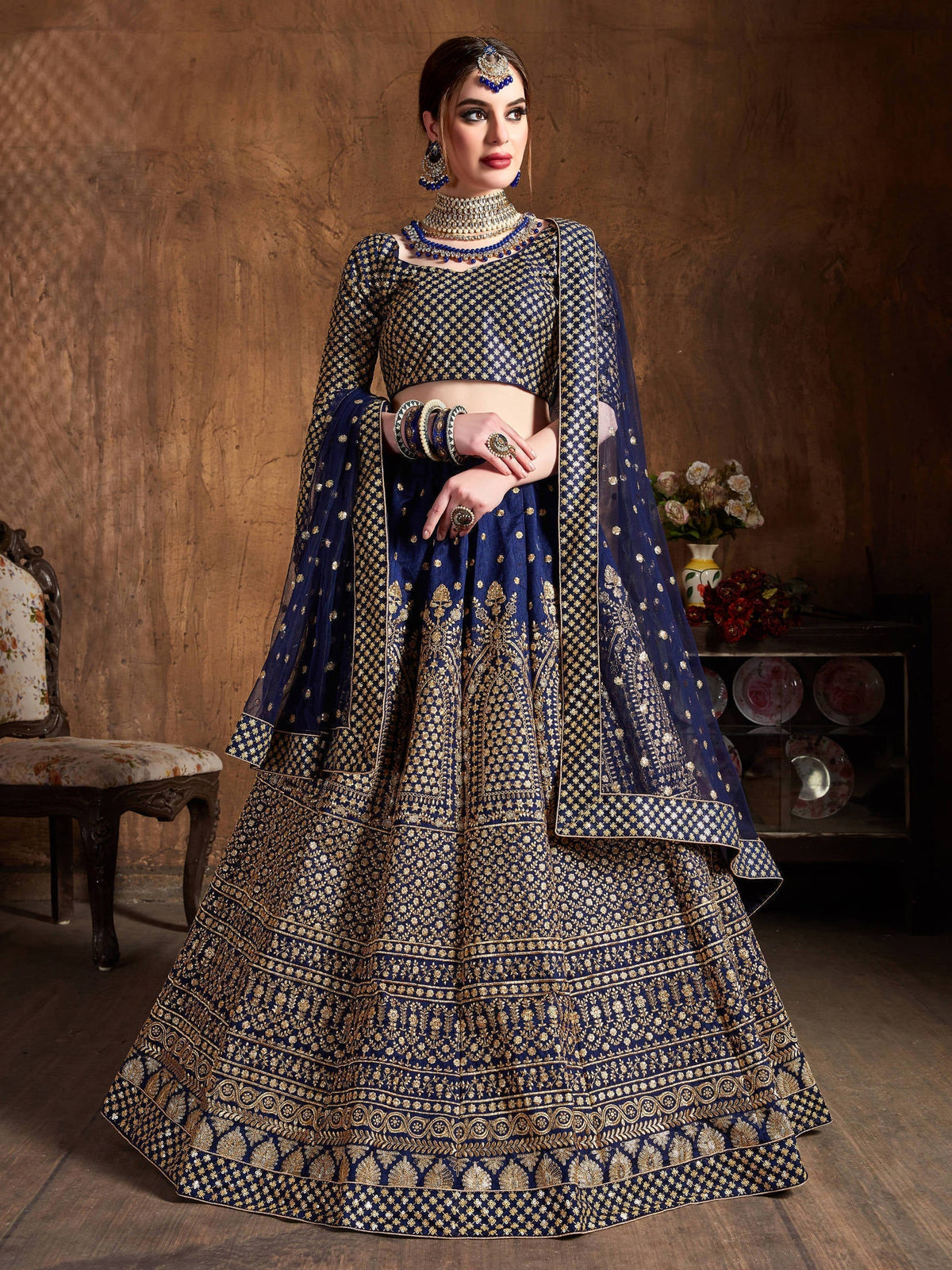 Demanding Navy Blue Sequins Raw Silk Wedding Lehenga Choli