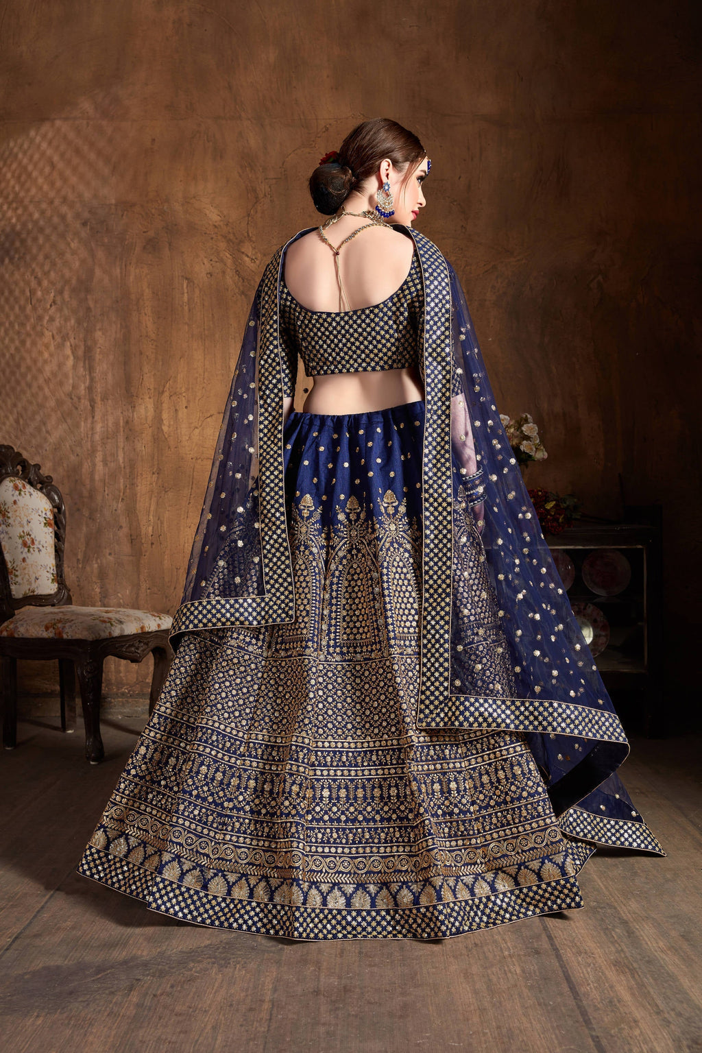 Demanding Navy Blue Sequins Raw Silk Wedding Lehenga Choli