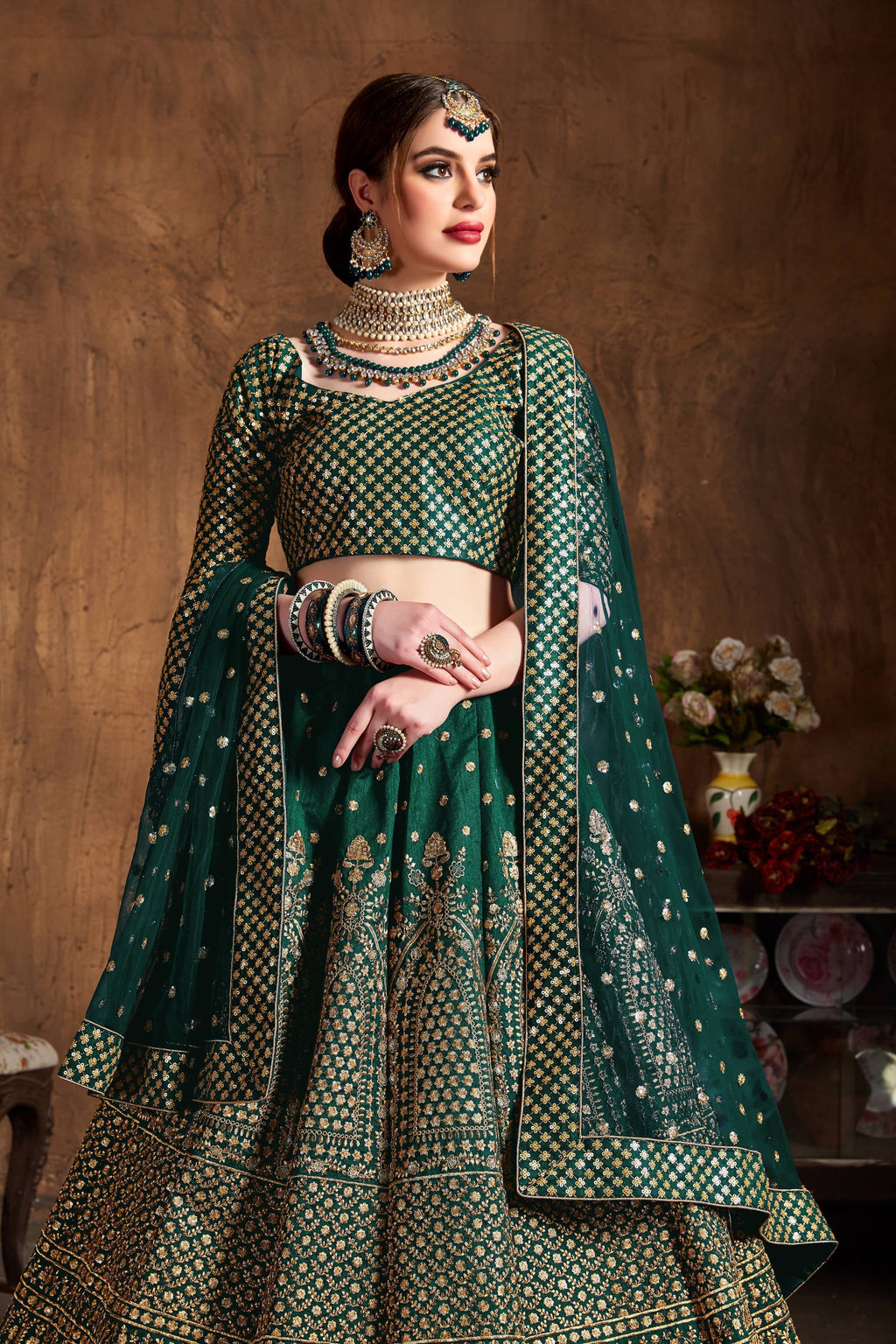 Dazzling Bottle Green Sequins Raw Silk Wedding Lehenga Choli