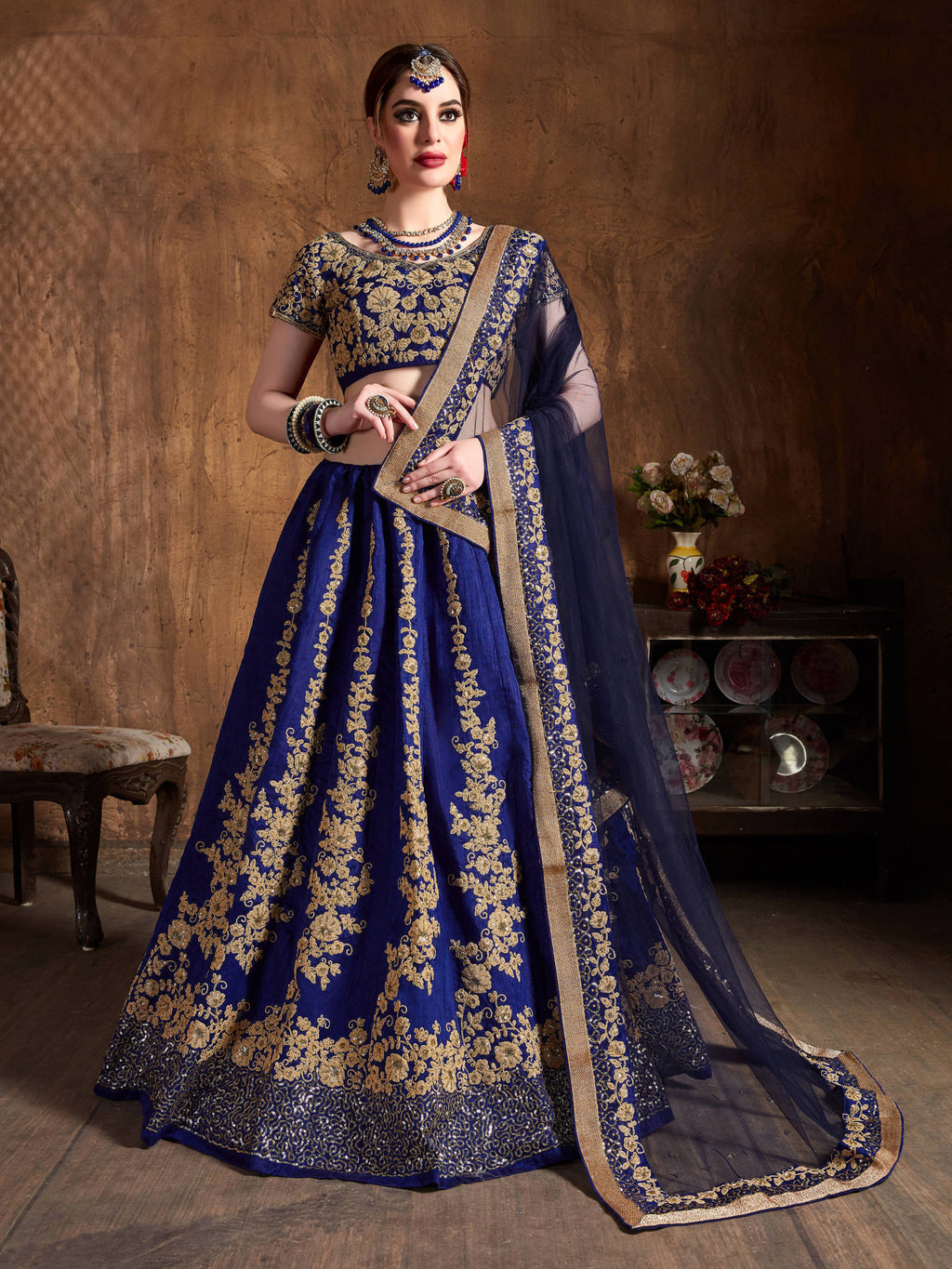 Hypnotic Navy Blue Dori Embroidery Raw Silk Wedding Lehenga Choli