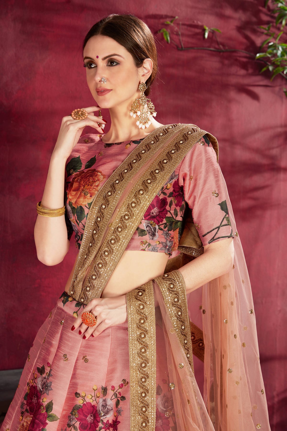 Adorning Peach Floral Printed Banglory Silk Wedding Lehenga Choli With Dupatta