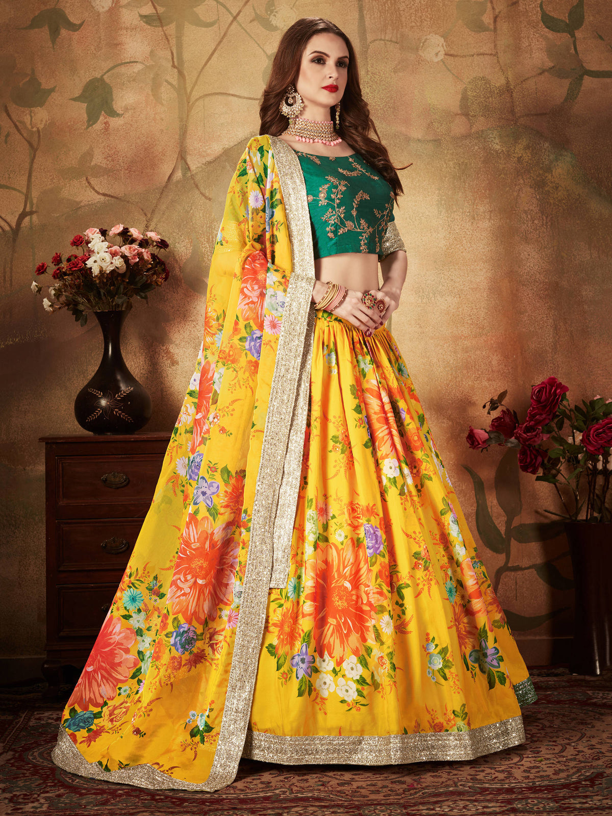Yellow-Green Floral Digital Printed Organza Bridal Lehenga Choli