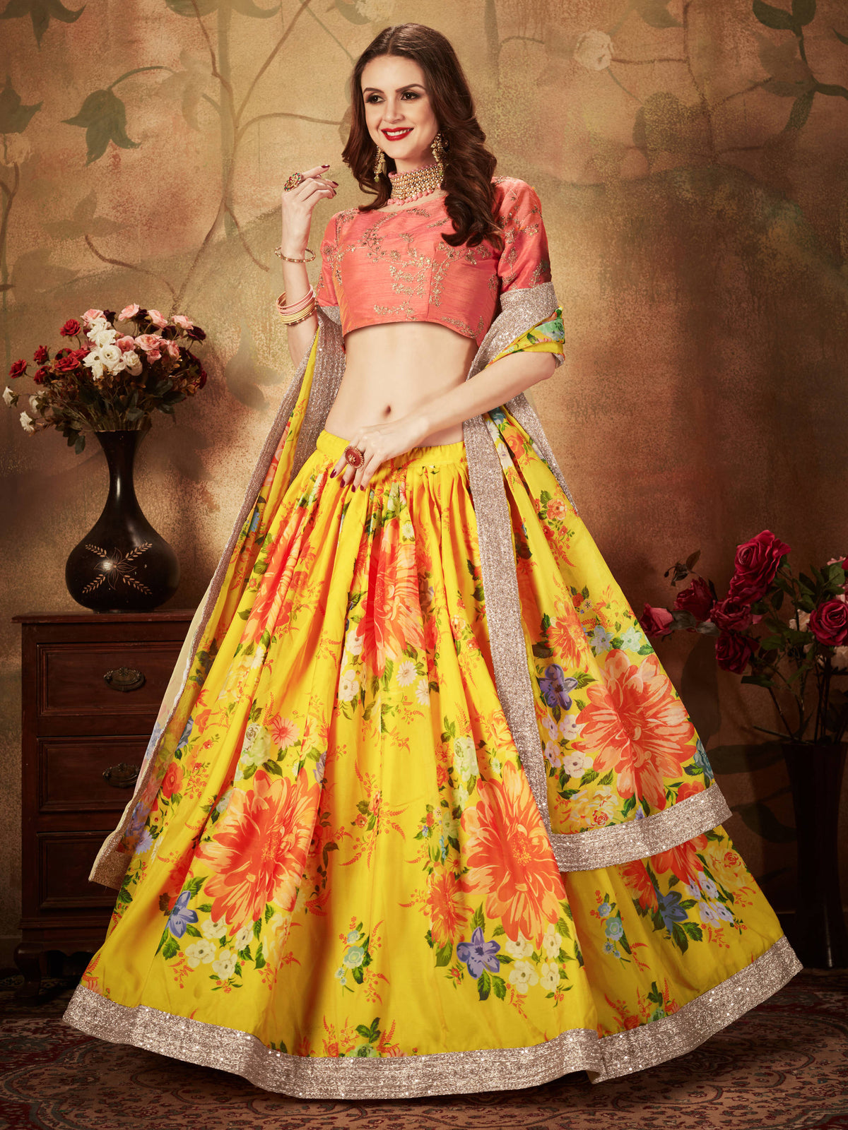 Adorning Yellow Digital Printed Organza Silk Wedding Lehenga Choli With Orange Blouse