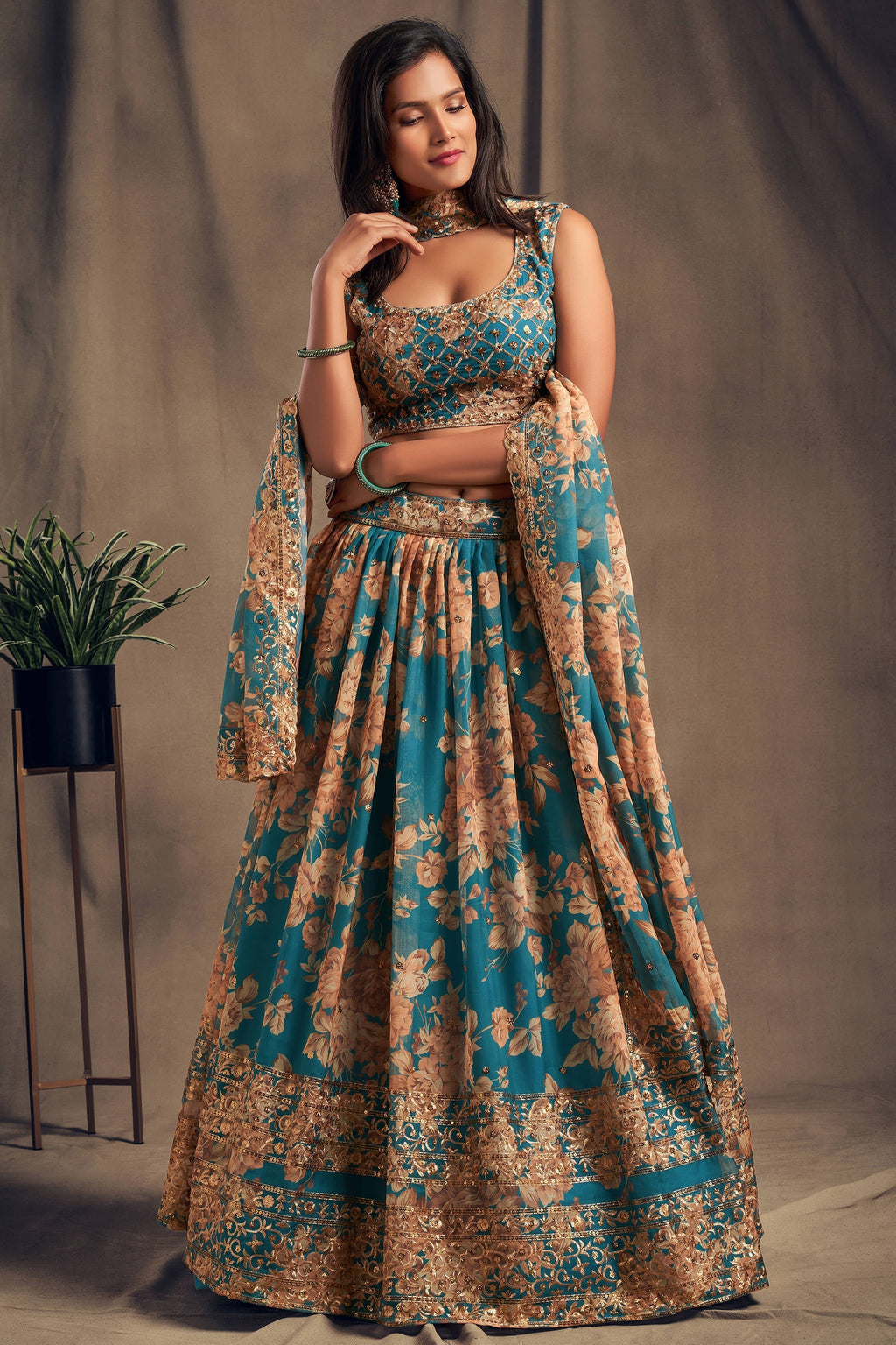 Accomplishing Teal Blue Zari Embroidery Organza Occasional Wear Lehenga Choli