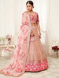 Mesmerizing Pink Embroidery Net Wedding Lehenga Choli With Dupatta