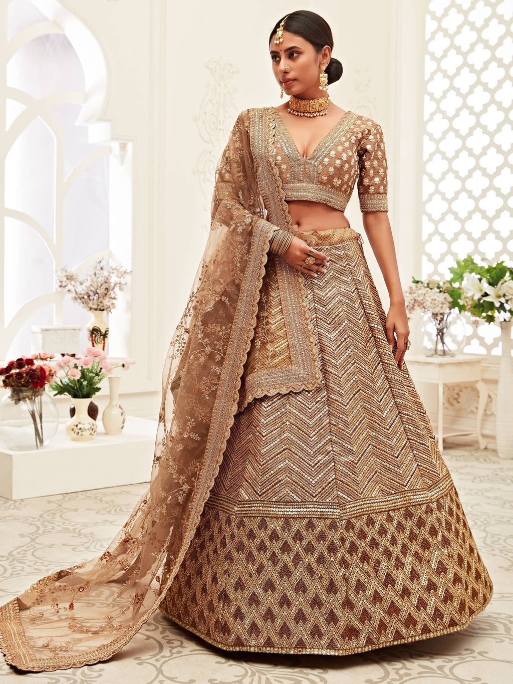 Breathtaking Brown Heavily Sequins Silk Bridal Lehenga Choli