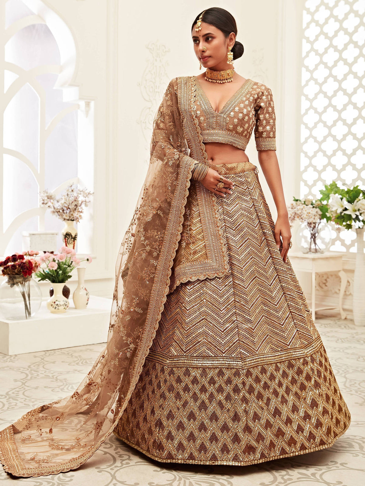 Breathtaking Brown Heavily Sequins Silk Bridal Lehenga Choli
