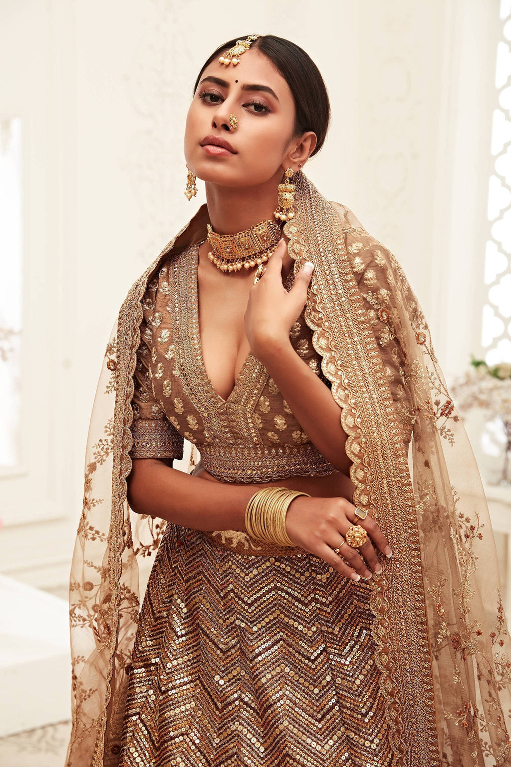 Breathtaking Brown Heavily Sequins Silk Bridal Lehenga Choli