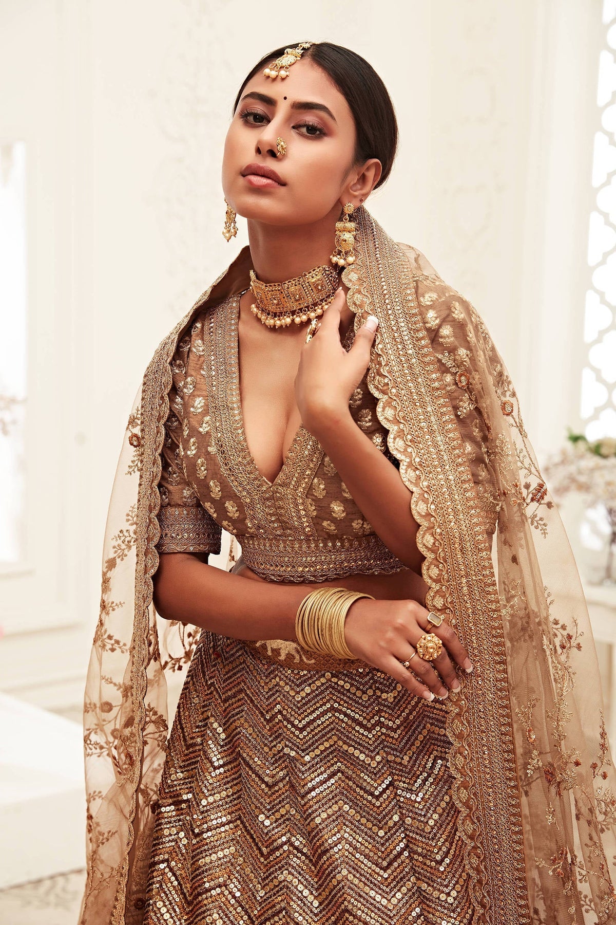 Breathtaking Brown Heavily Sequins Silk Bridal Lehenga Choli