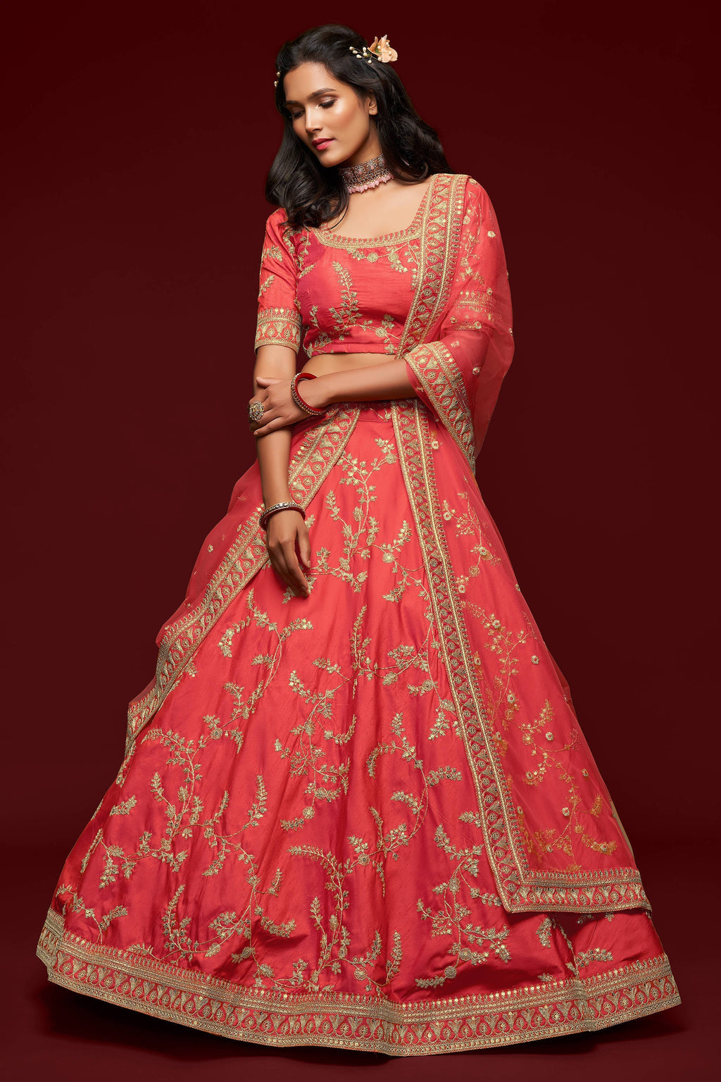 Attractive Coral Red Thread Embroidered Silk Wedding Wear Lehenga Choli