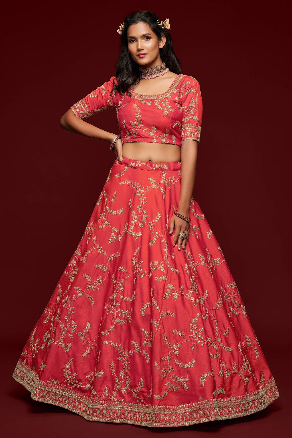 Attractive Coral Red Thread Embroidered Silk Wedding Wear Lehenga Choli