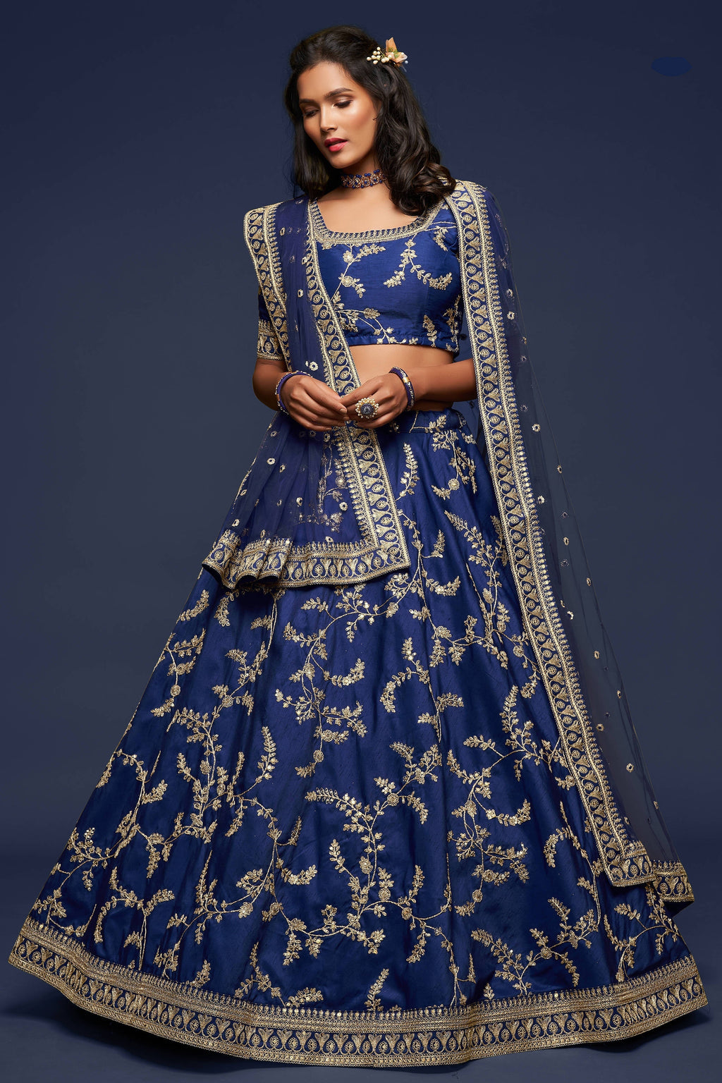 Charming Blue Thread Embroidered Silk Wedding Wear Lehenga Choli