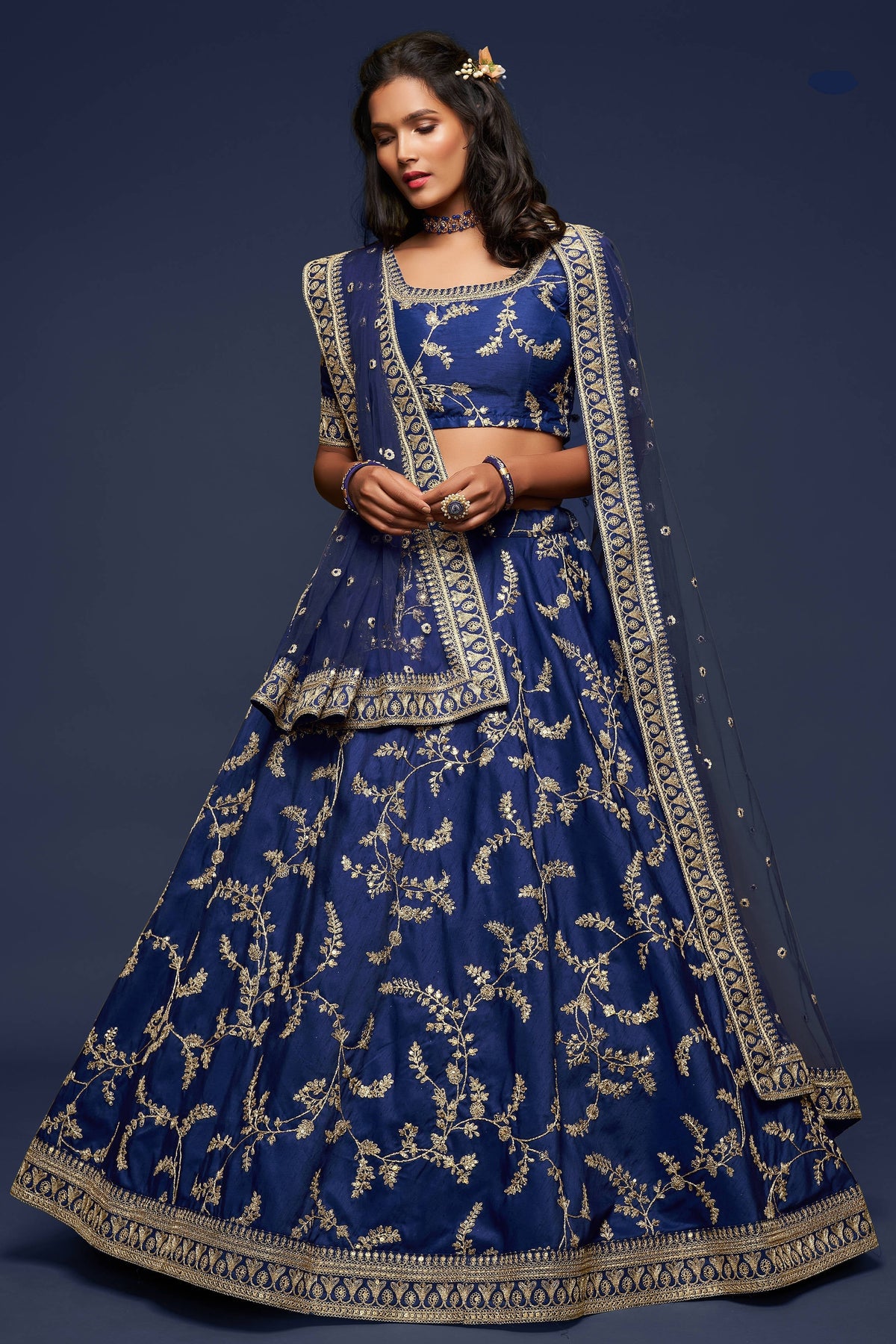 Charming Blue Thread Embroidered Silk Wedding Wear Lehenga Choli