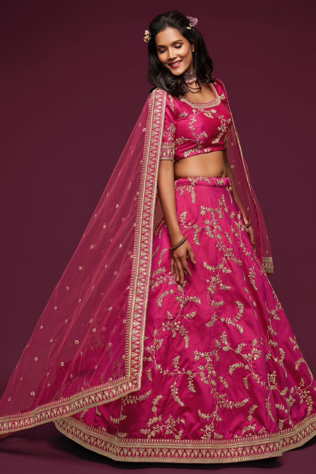 Gorgeous Pink Thread Embroidered Silk Wedding Wear Lehenga Choli