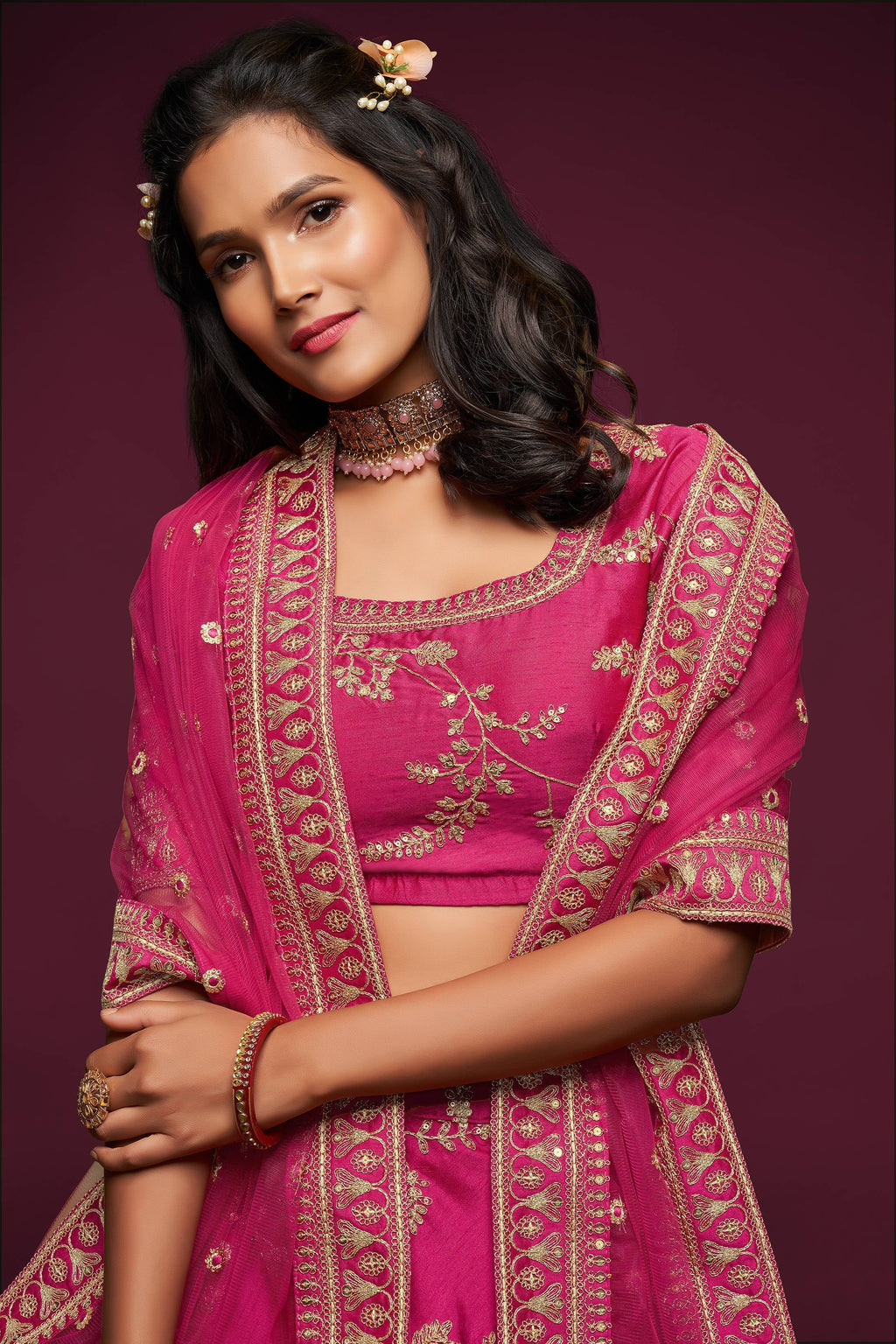 Gorgeous Pink Thread Embroidered Silk Wedding Wear Lehenga Choli