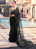 Black Organza Solid Saree With Blouse Piece