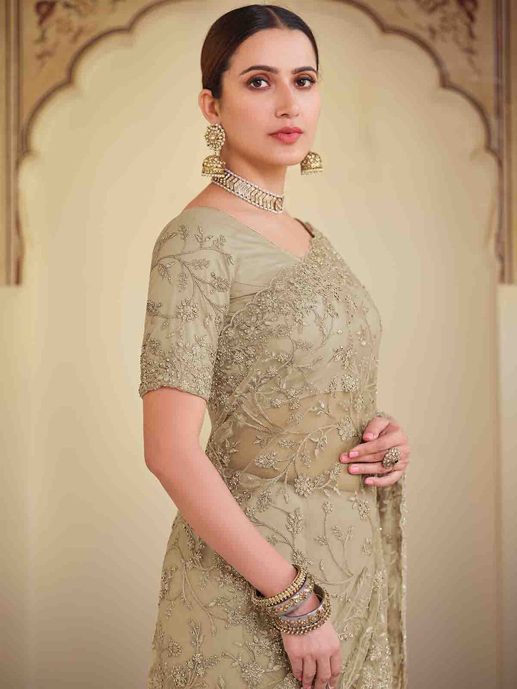 Olive Green Soft Net Saree With Unstitched Blouse