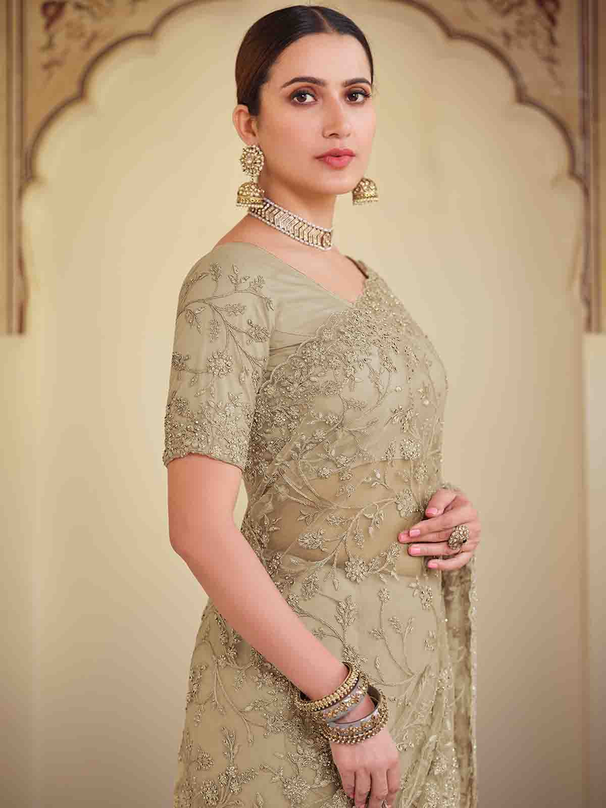 Olive Green Soft Net Saree With Unstitched Blouse