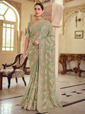 Olive Green Satin Georgette Saree With Unstitched Blouse