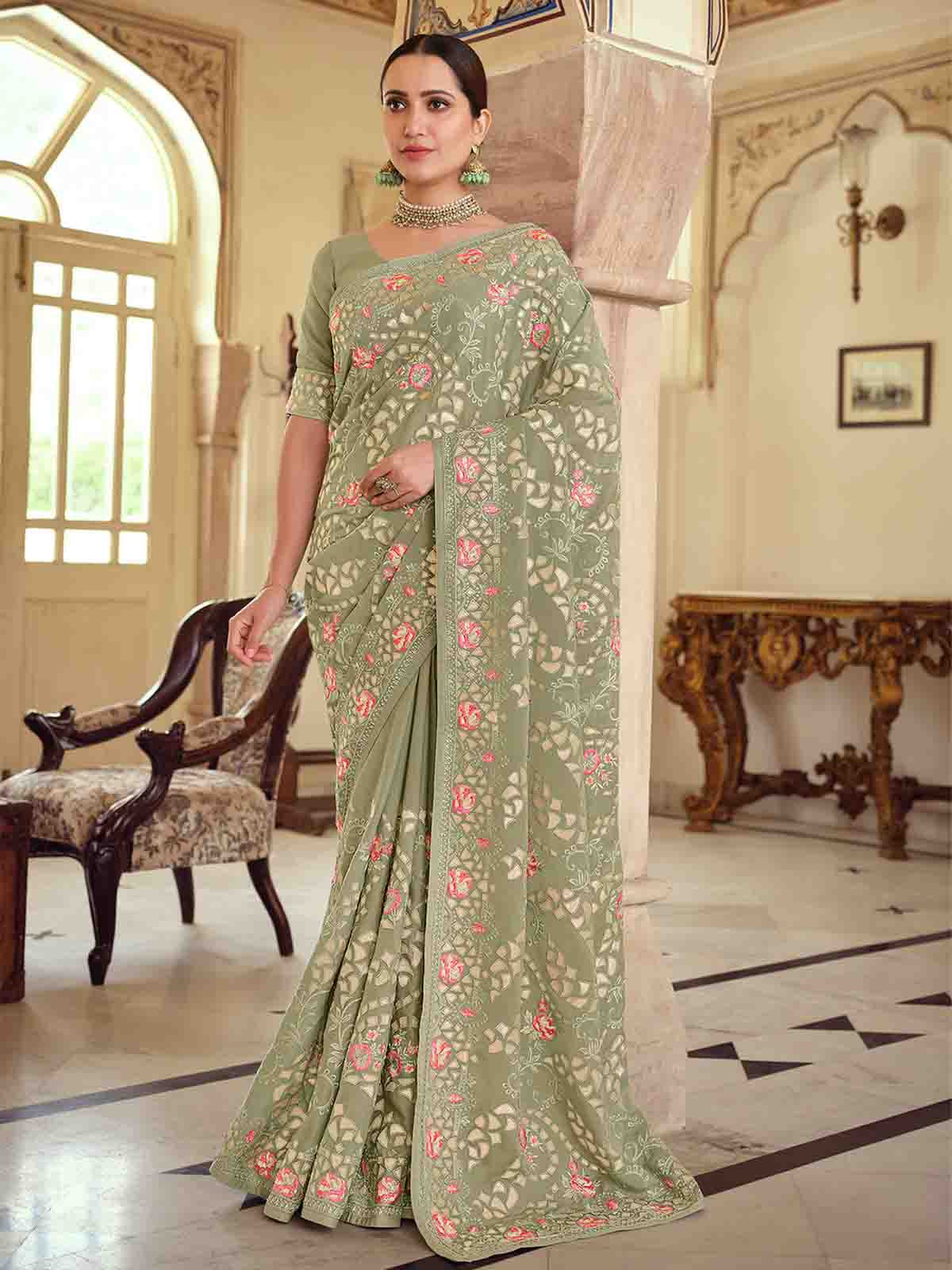 Olive Green Satin Georgette Saree With Unstitched Blouse