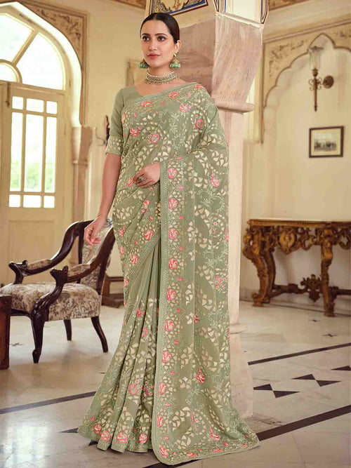 Olive Green Satin Georgette Saree With Unstitched Blouse