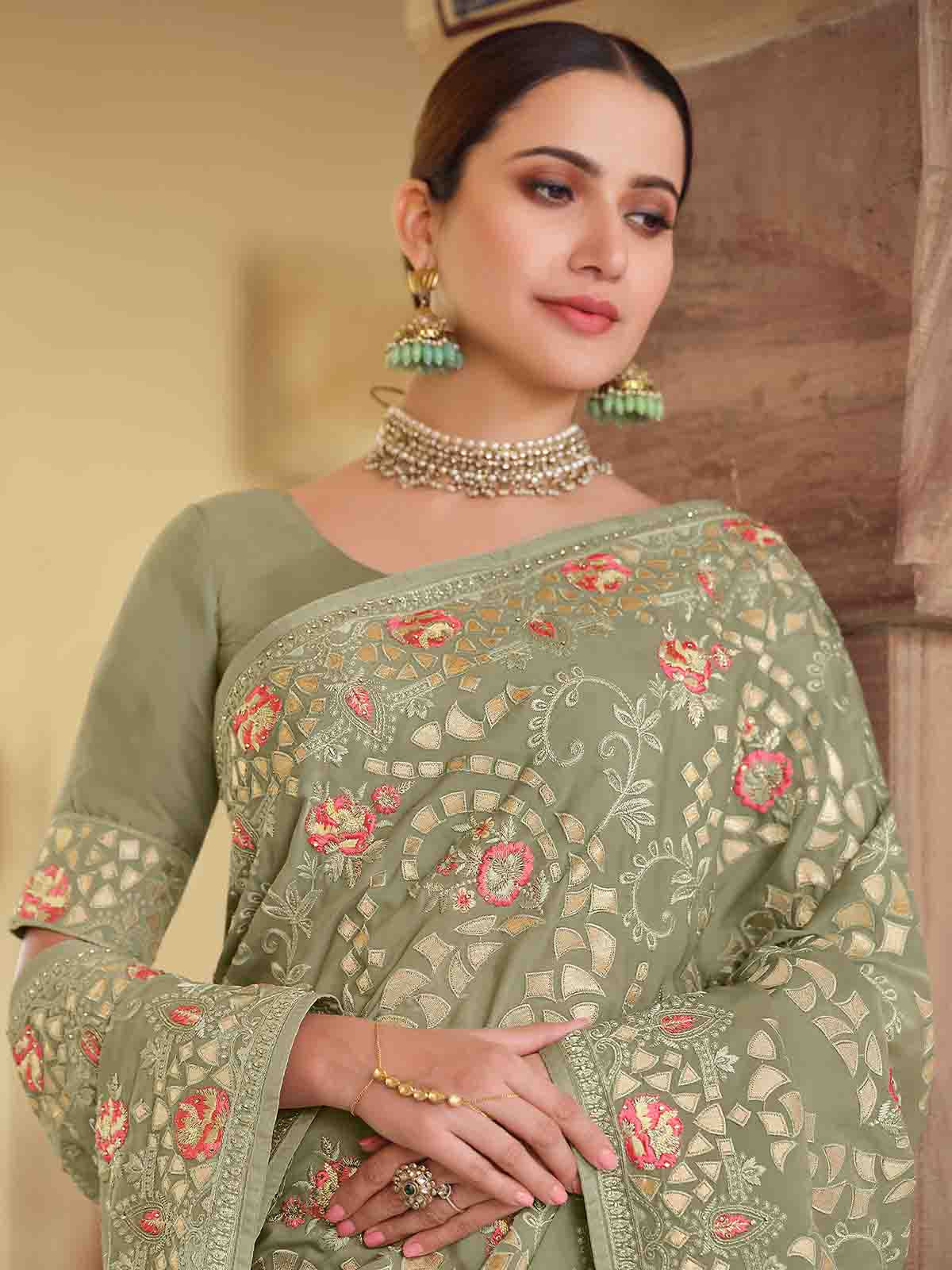 Olive Green Satin Georgette Saree With Unstitched Blouse