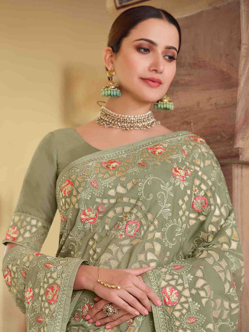 Olive Green Satin Georgette Saree With Unstitched Blouse