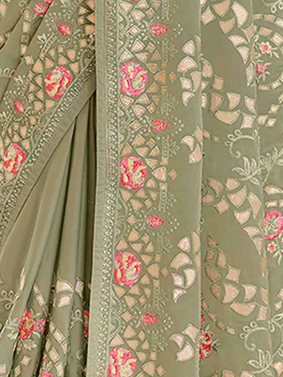 Olive Green Satin Georgette Saree With Unstitched Blouse