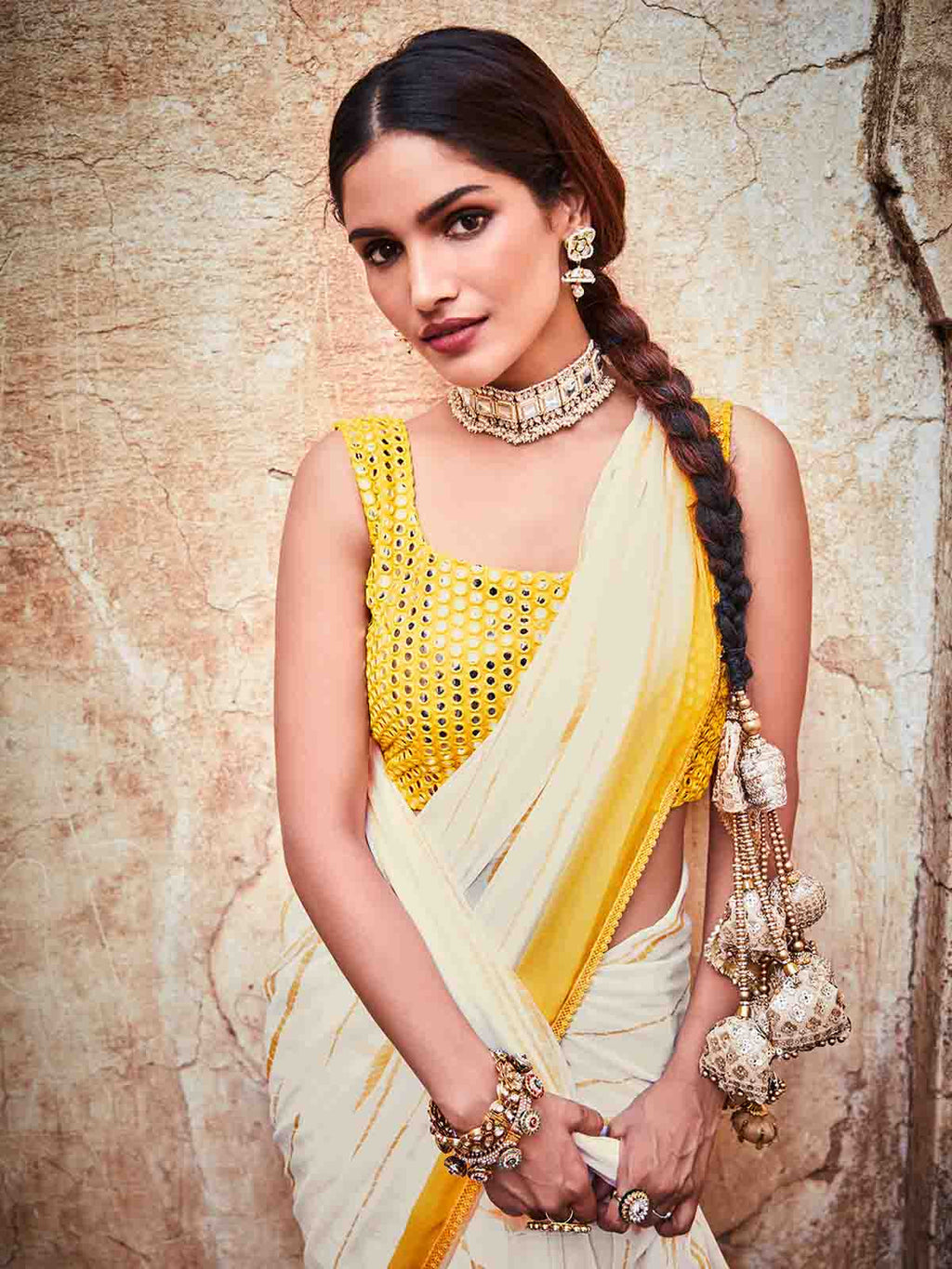 White Georgette Embroidered Saree With Unstitched Blouse