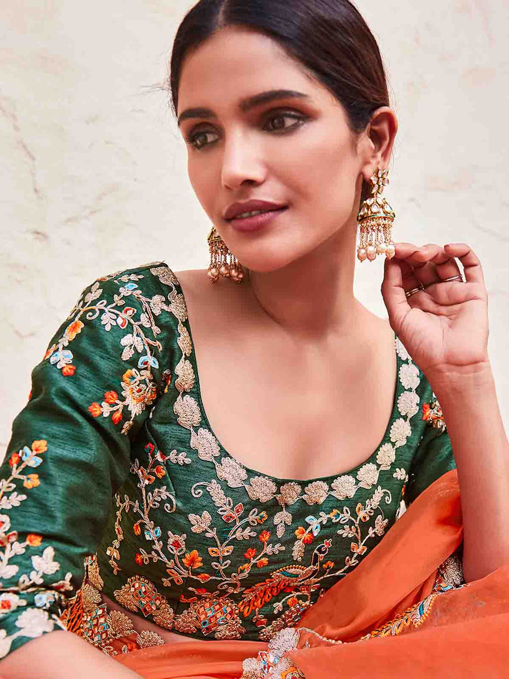 Orange Organza Embroidered Saree With Unstitched Blouse