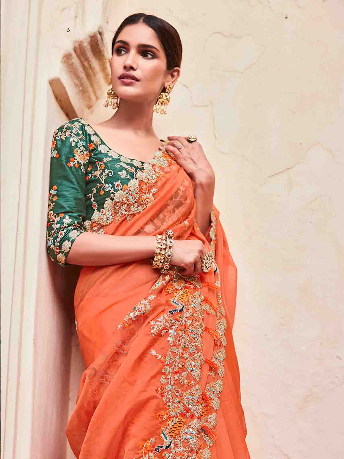 Orange Organza Embroidered Saree With Unstitched Blouse