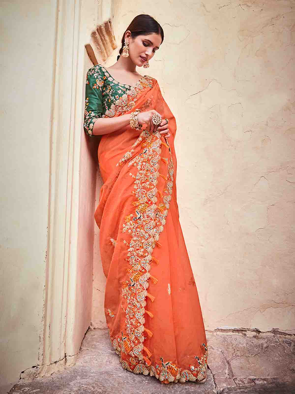 Orange Organza Embroidered Saree With Unstitched Blouse