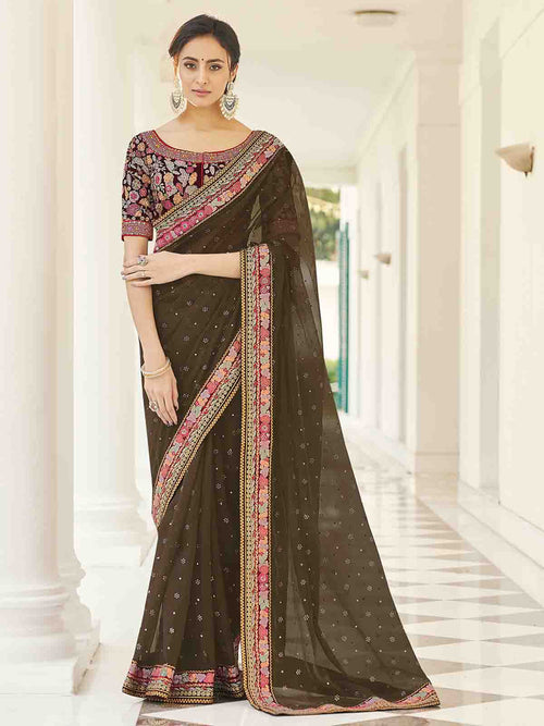 Olive Organza Embroidered Saree With Unstitched Blouse