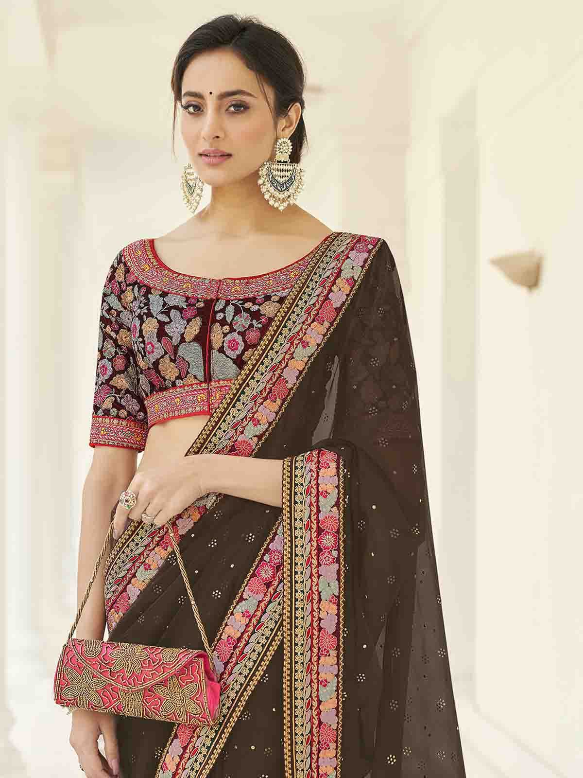 Olive Organza Embroidered Saree With Unstitched Blouse