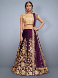 Voilet Embroidered Semi Stitched Lehenga With Unstitched Blouse