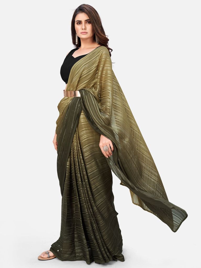 Amazeballs Olive Green Ready to Wear Saree With Metal Belt