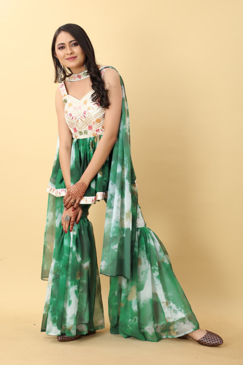 Awesome Green Color Tie Dye Thread Sequence Work Sharara Suit
