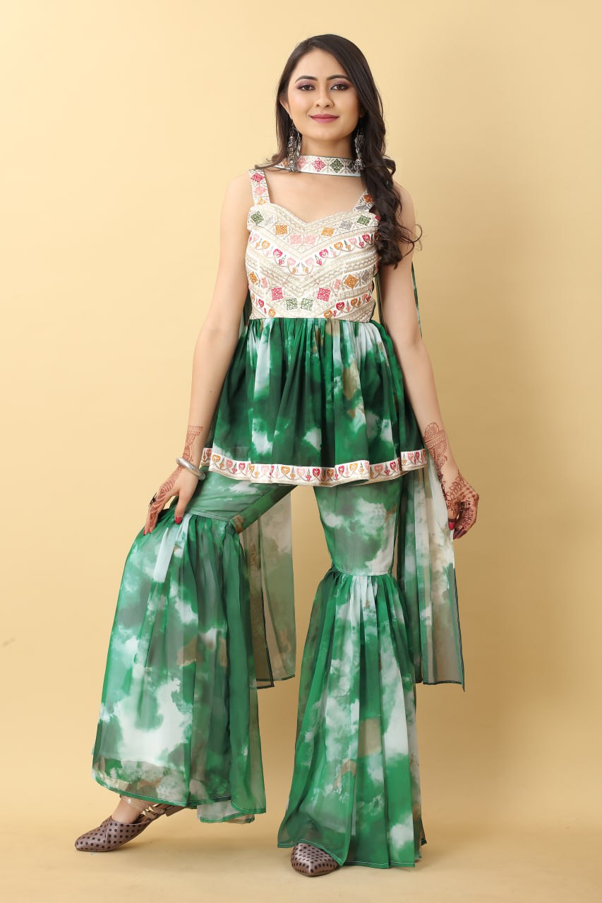 Awesome Green Color Tie Dye Thread Sequence Work Sharara Suit