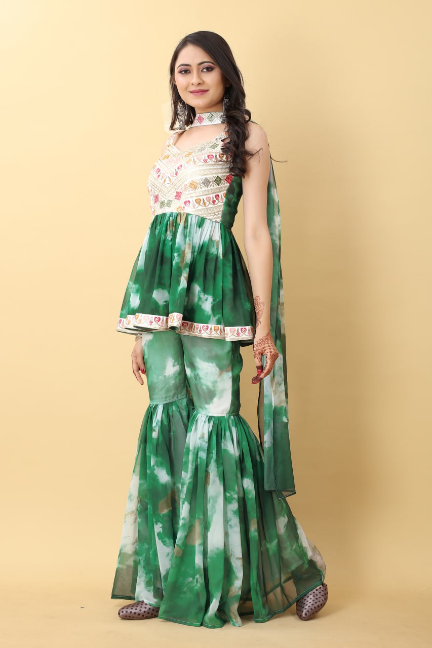 Awesome Green Color Tie Dye Thread Sequence Work Sharara Suit