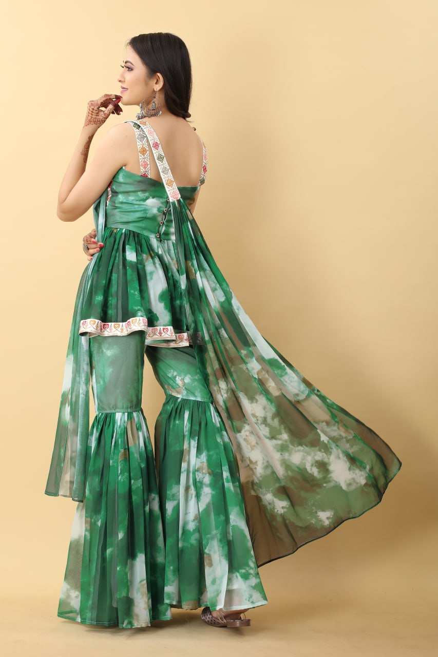 Awesome Green Color Tie Dye Thread Sequence Work Sharara Suit