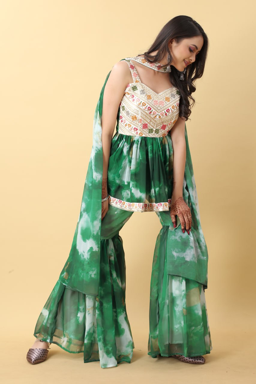 Awesome Green Color Tie Dye Thread Sequence Work Sharara Suit