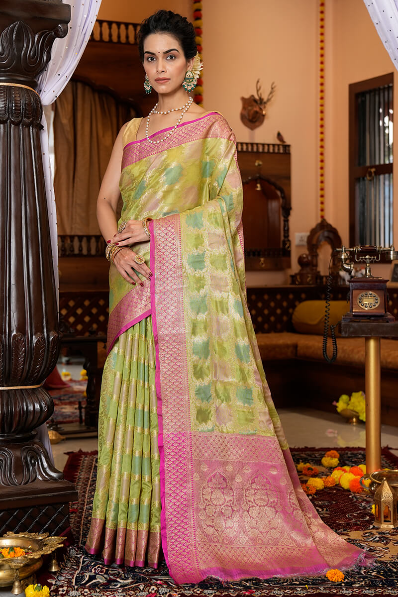 Opulent Mehndi Organza Silk Saree With Adoring Blouse Piece