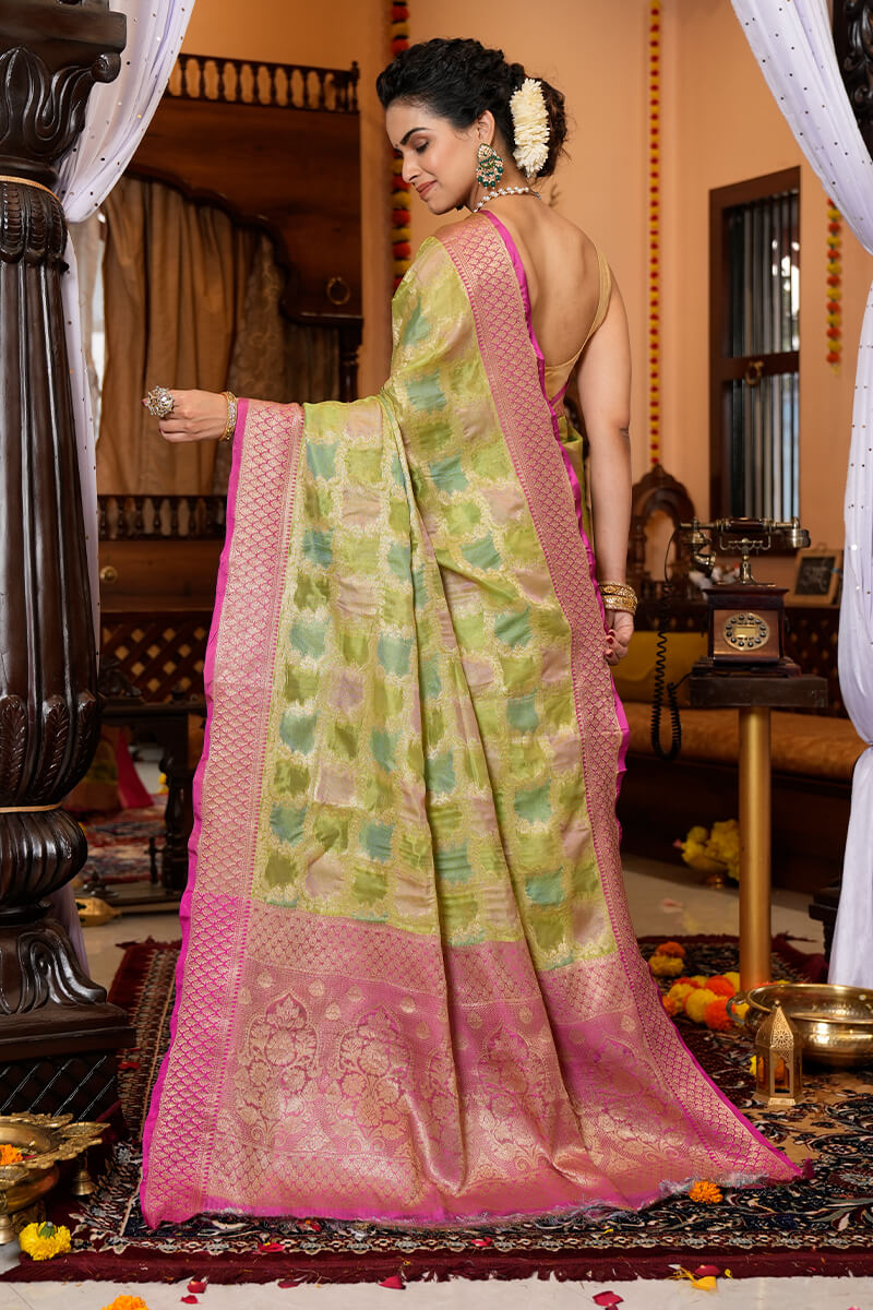 Opulent Mehndi Organza Silk Saree With Adoring Blouse Piece